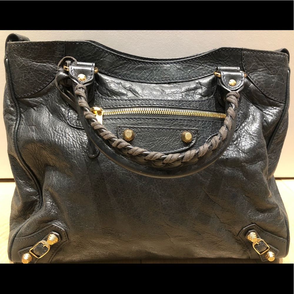 Barely used dark grey with brushed gold hardware Balenciaga shoulder bag